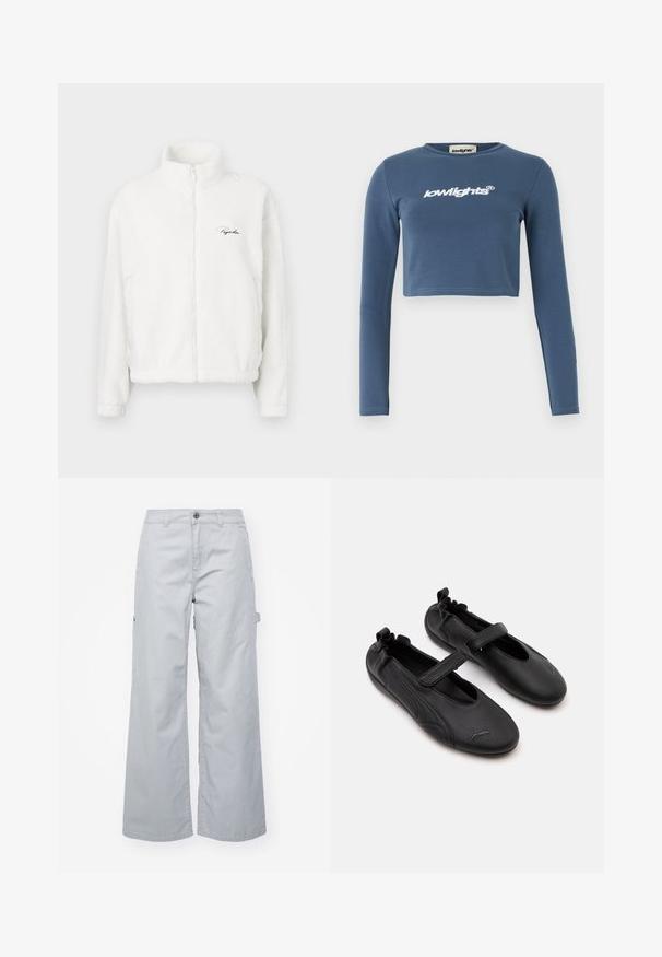 Chaqueta de forro polar blanca con cremallera y un alto cuello, que presenta una textura suave y un logo bordado en el lado izquierdo del pecho. Ligera y con un corte ancho.; Camisa azul de manga larga y corte corto, hecha de algodón suave, con el logotipo "lowlights" bordado en blanco en la parte frontal. Textura suave, cuello acanalado.; Pantalones cargo grises de pierna ancha con cierre de botón, dos bolsillos laterales y un bolsillo con solapa. Hechos de un tejido duradero con una textura suave.; Par de zapatos estilo Mary Jane de cuero negro con parte trasera elástica y correa de velcro, con un sutil logo de Puma en cada punta.