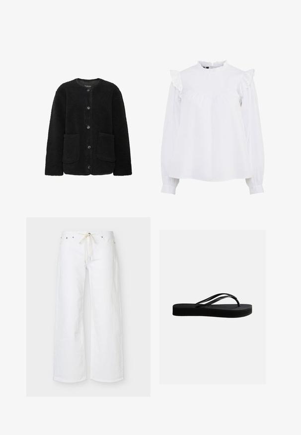 Veste en polaire noire avec un col rond, une fermeture à boutons à l'avant, deux poches avant et une surface en tissu texturé.; Blouse en coton blanc avec un col haut, des épaules volantées et des manches longues avec des poignets froncés. Texture douce et design simple.; Pantalon blanc à jambes larges avec poches avant et cordon beige à la taille, présenté sur un fond uni.; Tongs en caoutchouc noir avec semelle texturée et bride en forme de Y, vues de côté sur un fond clair uni.