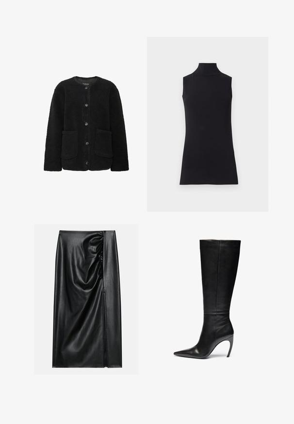 Veste en polaire noire avec un col rond, une fermeture à boutons à l'avant, deux poches avant et une surface en tissu texturé.; Haut sans manches noir en col roulé, fabriqué à partir d'un tissu lisse. Design ajusté avec un col haut et un ourlet droit, minimaliste et de couleur unie.; Jupe en cuir noir avec une texture lisse, présentant une section froncée sur un côté et une fente sur le côté pour un détail supplémentaire.; Botte en cuir noir montante jusqu'au genou avec un bout pointu et un talon aiguille haut ; texture lisse et épurée avec de coutures subtiles et sans matériel visible.
