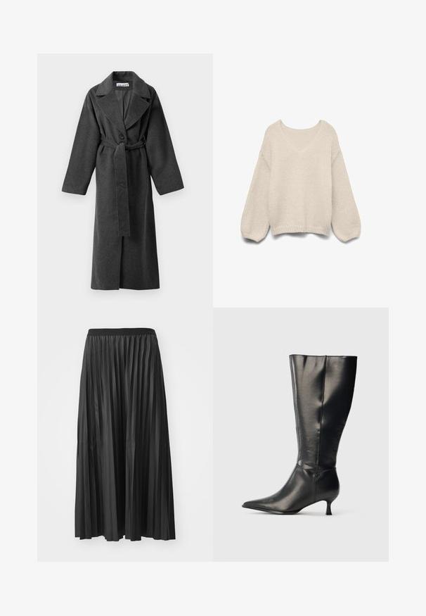 Manteau long en laine gris foncé avec des revers larges, un bouton, taille ceinturée et deux poches latérales, présenté sur un fond blanc.; Pull tricoté couleur crème avec un col en V, des manches ballon longues et un ourlet et des poignets côtelés, présenté sur un fond blanc.; Jupe maxi plissée noire avec une texture lisse et une taille élastique, dotée de plis verticaux qui créent du volume et du mouvement.; Botte en cuir noire montant jusqu'au genou, avec un bout pointu et un petit talon bas, présentée sur un fond clair uni.
