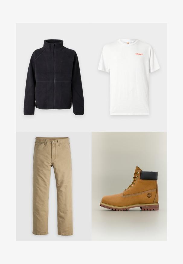 Veste en polaire noire zippée avec des manches longues et un col montant, fabriquée en tissu doux et texturé, présentée sur un fond blanc uni.; T-shirt blanc à manches courtes avec col rond, petit logo Timberland orange sur la poitrine gauche, présenté sur un fond clair uni.; Pantalon en coton kaki avec un design à jambe droite, poches avant et fermeture par bouton. Texture lisse et coutures renforcées pour une durabilité accrue.; Bottine en cuir marron avec col noir, lacets jaunes et semelle beige. Présente un logo et des détails de couture blanche. Semelle extérieure à traction robuste.