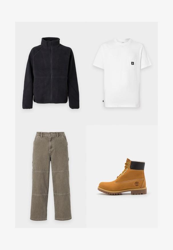 Veste en polaire noire zippée avec des manches longues et un col montant, fabriquée en tissu doux et texturé, présentée sur un fond blanc uni.; T-shirt en coton blanc avec encolure ronde, manches courtes et une poche poitrine ornée d'un patch logo noir. Texture lisse, coupe décontractée.; Pantalons cargo en coton de couleur olive discrète, avec des jambes larges, des accents à double couture et des poches latérales, dotés d'une fermeture à bouton et de passants de ceinture.; Bottine en cuir brun avec œillets en métal, doublure en fourrure blanche, col rembourré noir, semelle robuste et logo en relief sur le côté.