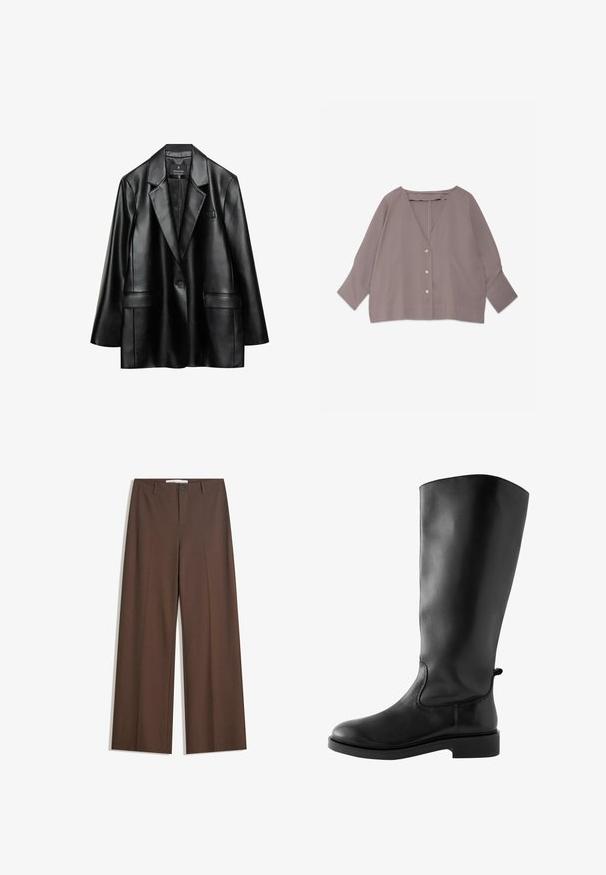 Blazer en faux cuir noir avec revers crantés, fermeture à un bouton et deux poches avant, présentant une texture lisse et brillante.; Blouse ample couleur taupe avec trois boutons sur le devant, manches longues et larges, et un profond décolleté en V sur fond blanc.; Pantalons larges marron avec une texture lisse, des plis à l'avant, une fermeture à bouton et deux poches latérales. Conçus pour le confort et la polyvalence.; Next FOREVER COMFORT RIDER - Cuissardes - black