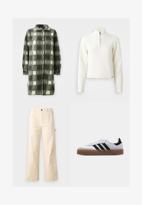 Grøn og grå ternet skjortejakke lavet af blød flannel, med krave, knaplukning fortil og to brystlommer med gyldne knapper.; Hvid, sweater med lynlås ved halsen og lange ærmer. Lavet af et blødt strikmateriale, med ribbede manchetter og kant. Diskret mærke-logo ved kanten.; Bredde-beige bukser lavet af bomuld med knaplukning, udstyret med sidelommer og et rent, minimalistisk design.; Hvide lædersneakers med sorte striber, gummirubber sål, rund tå, snørelukning og blød grå ruskinds tåhætte.