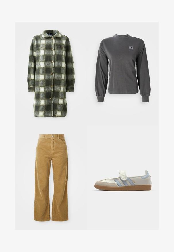 Groen en grijs geruite shirtjacket van zachte flanel, met een kraag, knoopsluiting aan de voorkant en twee borstzakken met gouden knopen.; Grijs T-shirt met lange mouwen van katoen, met een ronde hals en elastische manchetten, voorzien van een klein vierkant logo op de borst.; Lichtbruine corduroy wijde broek met een gestructureerd ribbelpatroon, vijf zakken en een knoopsluiting in de taille.; adidas Originals SAMBA JANE BALLERINA - Ballerina's met enkelbandjes - cloud white/halo blue