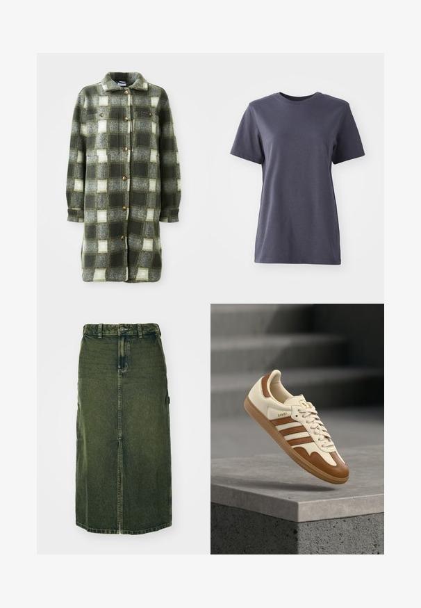 Grøn og grå ternet skjortejakke lavet af blød flannel, med krave, knaplukning fortil og to brystlommer med gyldne knapper.; Kortærmet t-shirt i mørkegrå bomuld, rund hals, glat tekstur, lige kant, ingen synlige mønstre eller hardware-detaljer.; Grøn denimnederdel med mellemlangt snit, frontslids, knaplukning og bæltestropper. Dens struktur er let falmet, med sidelommer.; Klassisk sneaker med øverste del i cremefarvet læder, brune accenter, tre striber og en tekstureret gummisål. Har en rundet snude og snørelukning.