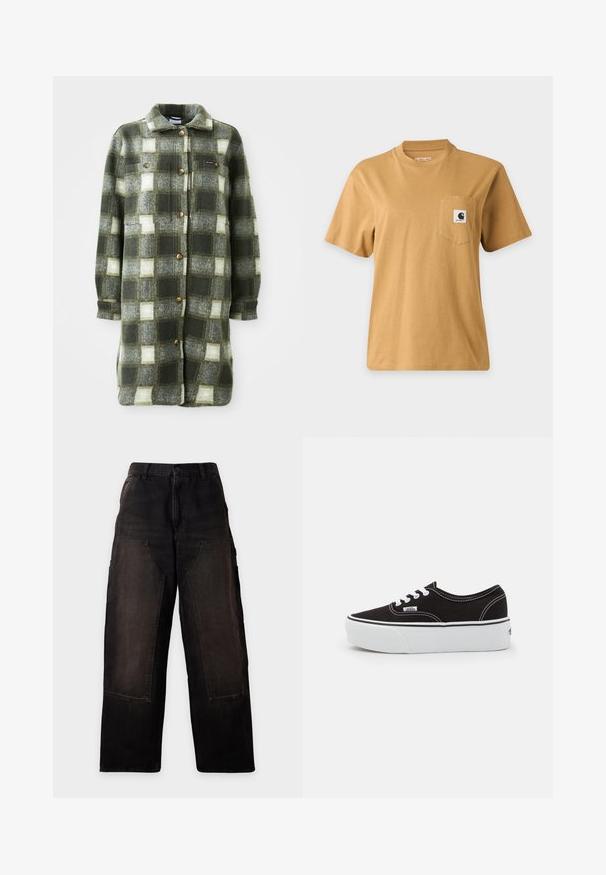 Chaqueta de camisa a cuadros en verde y gris, fabricada en suave franela, con un cuello con solapa, cierre de botones en la parte delantera y dos bolsillos en el pecho con botones dorados.; Camiseta lisa marrón de manga corta con un bolsillo en el pecho que presenta un parche cuadrado con el logo de la marca, mostrada sobre un fondo claro liso.; Pantalones negros de pierna ancha con cintura alta y grandes bolsillos delanteros de parche, mostrados planos sobre un fondo blanco.; Zapatilla de lona negra con suela de plataforma de goma blanca, que presenta cordones y costuras blancas, con branding icónico en el lateral, diseño de corte bajo.
