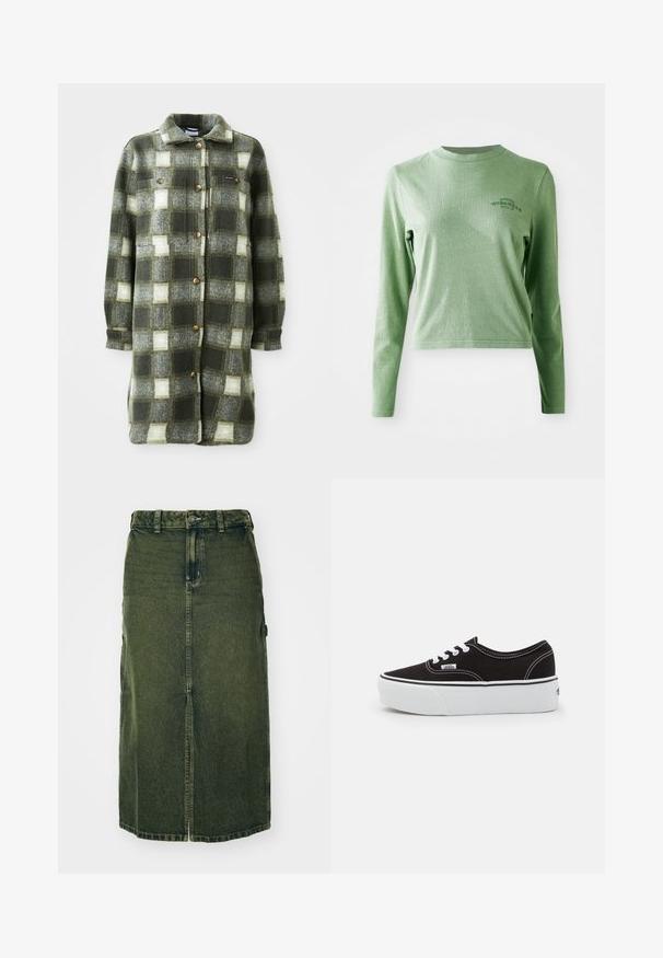 Groen en grijs geruite shirtjacket van zachte flanel, met een kraag, knoopsluiting aan de voorkant en twee borstzakken met gouden knopen.; Lichtgroene longsleeve t-shirt van zacht katoen, met een ronde hals en een klein bedrukt logo aan de bovenlinkerzijde.; Groene denim rok met een middellange snit, een voorklep, knoopsluiting en riemlussen. De textuur is licht vervaagd, met zijzakken.; Zwarte canvas sneaker met een witte rubberen platformzool, voorzien van witte veters en stiksels, iconische branding op de zijkant, low-top ontwerp.
