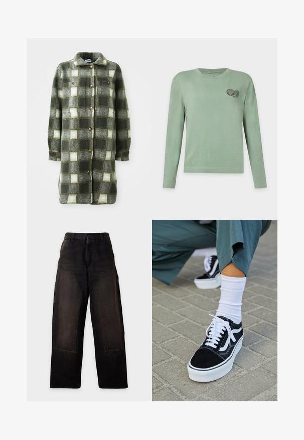 Groen en grijs geruite shirtjacket van zachte flanel, met een kraag, knoopsluiting aan de voorkant en twee borstzakken met gouden knopen.; Lichtgroen shirt met lange mouwen, ronde halslijn en een klein donkergroen botanisch ontwerp op de bovenste linkerborst.; Zwarte wijde broek met hoge taille en grote voorzakken, plat liggend op een witte achtergrond.; Zwarte suède sneaker met witte accenten en veters, uitgerust met een dikke witte zool en contrasterende stiksels, gecombineerd met een witte sok.