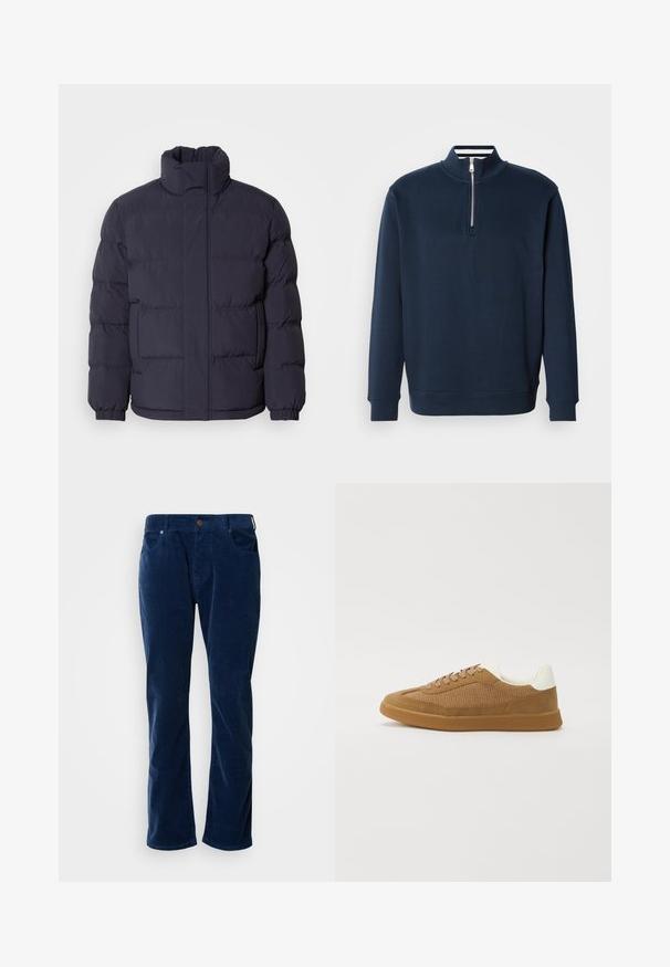 Marine pufferjack met een hoge kraag, gewatteerde textuur en ribbelmanchetten. Voorzien van een ritssluiting aan de voorkant en twee zijzakken.; Marineblauwe sweater met een hoge kraag en een halve rits. Gemaakt van zachte stof, met geribbelde manchetten en zoom voor een aansluitende pasvorm.; Scotch & Soda THE ZEE STRAIGHT - Broek - insignia blue; Sneakers met een bruine mesh en suede bovenkant, witte accenten bij de hak, platte rubberen zool en bruine veters. Gewatteerde kraag voor comfort.