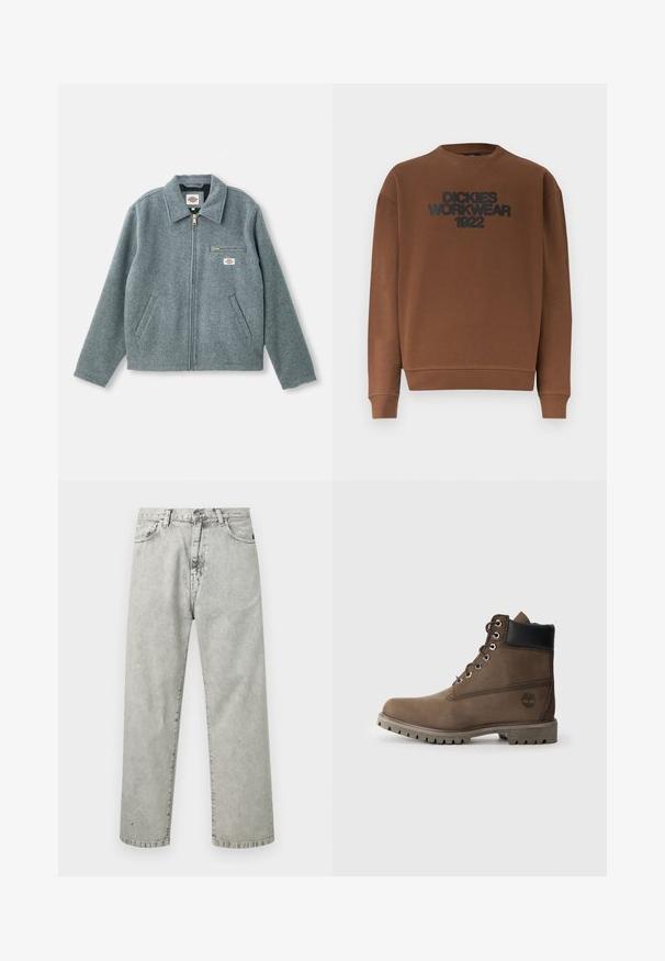 Grå uldblandet jakke med lynlås foran, spids krave, to sidelommer og en lille brystlomme med et mærketikette.; Brun langærmet crewneck-sweatshirt med ribstrikkede ærmeafslutninger og kant, med teksten "DICKIES WORKWEAR 1922" i sort på brystet.; Lysegrå, højtaljede jeans med lige ben, forlommer, bæltestropper og knaplukning, vist på hvid baggrund.; Brune læder ankelstøvle med sort krave, metaløjer og slidstærk grå sål. Har logo på siden og syet detaljer.