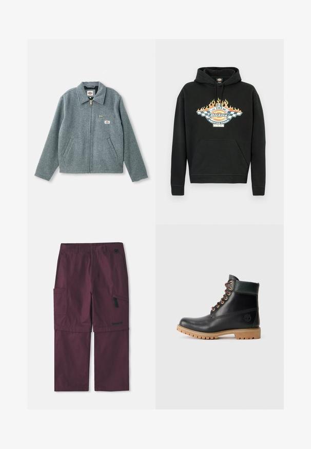 Chaqueta de mezcla de lana gris con cierre de cremallera en el frontal, cuello puntiagudo, dos bolsillos laterales y un pequeño bolsillo en el pecho con una etiqueta de marca.; Sudadera con capucha de algodón negro con bolsillo frontal, capucha con cordones y un diseño gráfico con llamas y un logo en colores vibrantes.; Pantalones cargo convertibles burdeos con bolsillo lateral con cremallera y logo de Timberland en la pierna derecha, mostrando la entrepierna extendida.; Botín de cuero negro a la altura del tobillo con cordones marrones, cuello acolchado verde y suela de goma color beige con profundos surcos, vista lateral sobre fondo blanco.