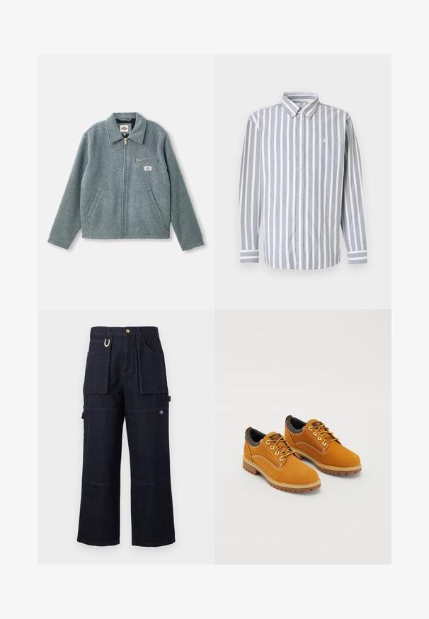 Chaqueta de mezcla de lana gris con cierre de cremallera en el frontal, cuello puntiagudo, dos bolsillos laterales y un pequeño bolsillo en el pecho con una etiqueta de marca.; Camisa de hombre abotonada con rayas verticales en gris y blanco, mangas largas y un pequeño logo en el pecho. Tela de algodón, cuello clásico.; Pantalones de trabajo de mezclilla azul oscuro de pierna ancha con grandes bolsillos delanteros y laterales, cierre de botones y pequeño parche con logo en el muslo.; Zapatos de ante marrón con punta redonda, cordones amarillos, un collar acolchado negro y suelas de goma con surcos de tracción.