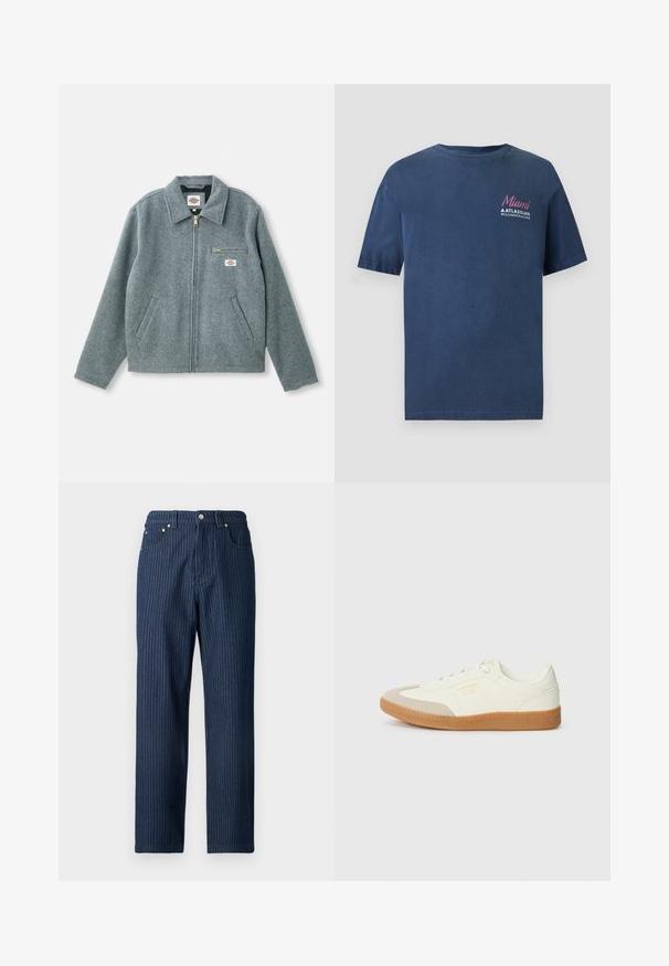Grå uldblandet jakke med lynlås foran, spids krave, to sidelommer og en lille brystlomme med et mærketikette.; Mørkeblå T-shirt med korte ærmer og rund hals, med teksten "Miami Atlassian Williams Racing" trykt på øverste venstre bryst.; Mørkeblå denim bukser med lodrette hvide nålestriber, lige ben-design, fem lommer og metalbeslag ved taljen.; Sneaker lavet af hvid læder med en beige tåhætte og let brunt gummisål. Har flade hvide snørebånd og prægede branding på siden.