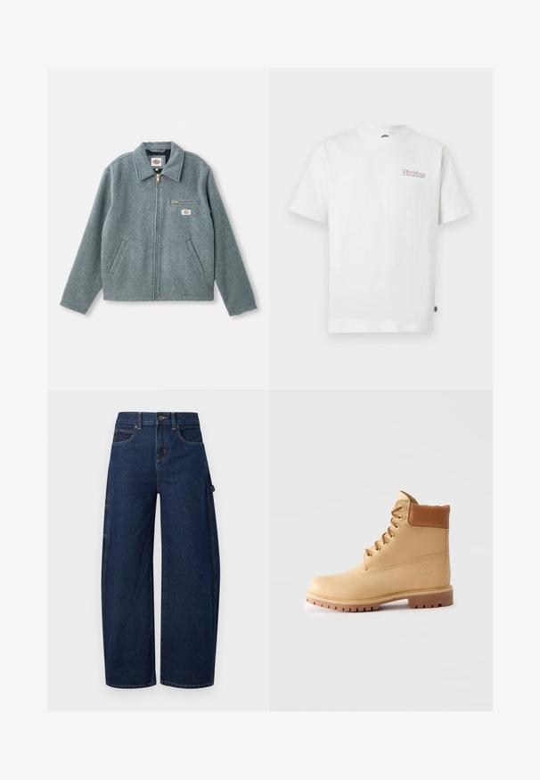 Chaqueta de mezcla de lana gris con cierre de cremallera en el frontal, cuello puntiagudo, dos bolsillos laterales y un pequeño bolsillo en el pecho con una etiqueta de marca.; Camiseta blanca de algodón con mangas cortas, cuello redondo y un logotipo rosa "Dickies" en el área izquierda del pecho. Textura suave.; Pantalones vaqueros de mezclilla azul oscuro de pierna ancha con cintura alta, bolsillos delanteros y bolsillo lateral tipo cargo. Presentan costuras contrastantes y cierre de botones.; Botín de piel marrón claro con collar acolchado, ojales dorados, cordones color tostado y suela gruesa con tacos sobre un fondo claro y liso.