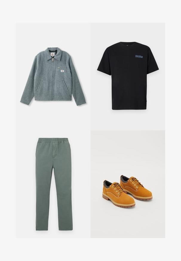 Grå uldblandet jakke med lynlås foran, spids krave, to sidelommer og en lille brystlomme med et mærketikette.; Sort bomulds-T-shirt med korte ærmer og rund hals. Har blå broderet "Dickies"-logo på venstre brystområde.; Grønne bukser i bomuldsblanding med elastik i taljen, lige ben og en diskret struktur. Har sidelommer og en central søm.; Brune ruskindssko med rund tå, gule snørebånd, en polstret sort krave og gummisåler med skridsikre riller.