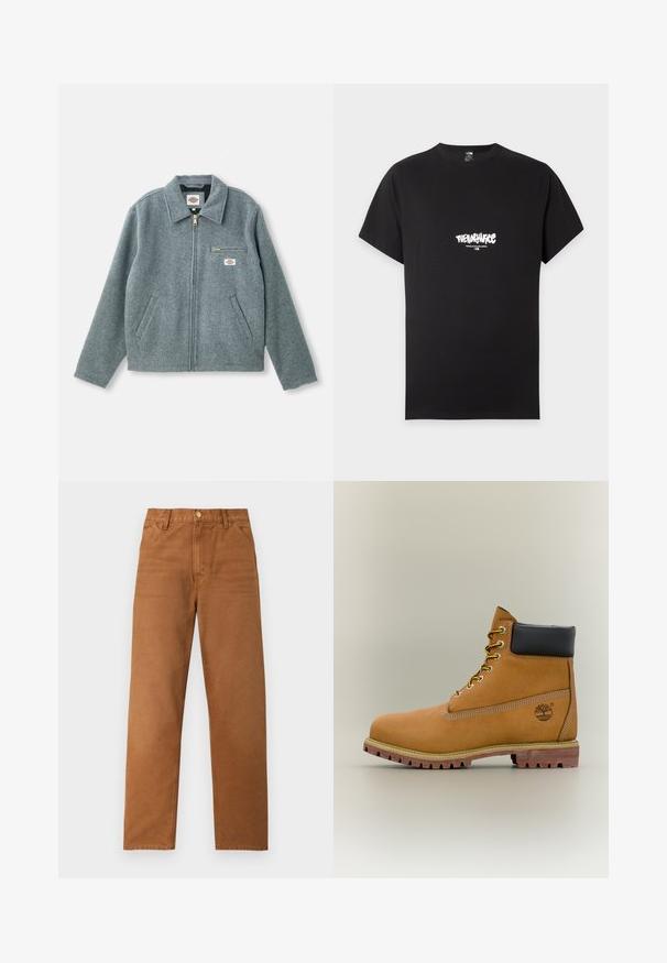 Grå uldblandet jakke med lynlås foran, spids krave, to sidelommer og en lille brystlomme med et mærketikette.; Sort T-shirt med korte ærmer med hvidt "The North Face" logo og "Never Stop Exploring" tekst centreret på brystet.; Brune bukser med lige ben, bæltestropper, forlommer og knaplukning, vist på en ensartet lys baggrund.; Brun læderankelstøvle med sort krave, gule snørebånd og tanfarvet sål. Har logo og hvide syninger som detalje. Robust ydersål med greb.