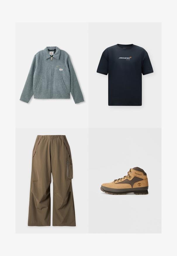 Grå uldblandet jakke med lynlås foran, spids krave, to sidelommer og en lille brystlomme med et mærketikette.; Sort T-shirt med korte ærmer og rund halsudskæring med hvidt og orange McLaren Racing-logo centreret på brystet.; Brune bukser med vide ben, elastisk taljebånd, sidelommer og en lynlåslomme på højre ben, lagt fladt på en hvid baggrund.; Brune ruskind vandrestøvle med mørkebrune accenter, metaløjer og sål med godt greb. Timberland-logo præget på siden. Mellemhøj design.