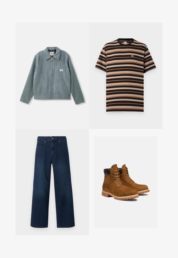 Grå uldblandet jakke med lynlås foran, spids krave, to sidelommer og en lille brystlomme med et mærketikette.; T-shirt med korte ærmer med vandrette sorte, brune og beige striber samt en lille Dickies logo-patch på brystet.; Mørkeblå, vidde jeans med knap- og lynlåslukning foran, for- og baglommer, vist mod en hvid baggrund.; Brune ruskinds ankelstøvler med en polstret sort krave, gyldne snørehuller og en tyk gummisål med en mønster, der giver godt greb.