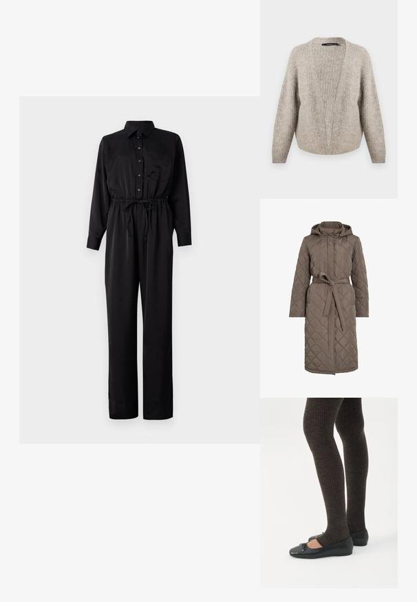 Gequiltede lange jas in gedempt bruin, met een capuchon, een ceintuur en een diagonale stikpatroon. Gemaakt van een glad, gewatteerd materiaal.; Zwarte jumpsuit met lange mouwen, knoopsluiting aan de voorkant, borstzak, elastische taille met trekkoord en wijde pijpen van een gladde stof.; Beige wol cardigan met een diepe V-hals, ribbeltextuur, brede mouwen en een verkorte zoom. Zacht, warm materiaal met een subtiel patroon.; Benen met donkere geribbelde leggings gecombineerd met zwarte ballerina's met kleine strikdetails op een witte achtergrond.