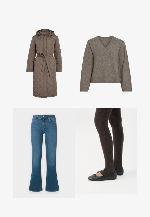 Gepolsterter langer Mantel in gedämpftem Braun mit Kapuze, tailliertem Gürtel und schrägem Steppmuster. Hergestellt aus einem glatten, gepolsterten Material.; Brauner gestrickter Langarmpullover mit V-Ausschnitt und gerippten Bündchen und Saum, dargestellt auf weißem Hintergrund.; Blaue Jeans im Schlagstil aus Denim mit einer mittelhohen Taille, Fünf-Taschen-Design und subtilen Stickdetails. Glatte Textur mit klassischer Waschung.; Beine in dunklen, gerippten Leggings kombiniert mit schwarzen Ballerinas mit kleinen Schleifendetails auf weißem Hintergrund.