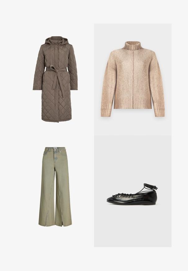 Quiltet lang frakke i dæmpet brun, med hætte, bælte i taljen og skrå stikninger. Fremstillet af et glat, polstret materiale.; Beige strikket sweater med høj ribbet krave, brede ærmer og ribbet kant. Blød tekstur med et diskret meleret mønster.; Lysegrønne vide jeans lavet af denim, med høj talje, sideslids og klassiske lomme-detaljer.; Sorte balletflade sko i laklæder med rundet tå, snørelukning og flad sål. Glat tekstur med få detaljer.