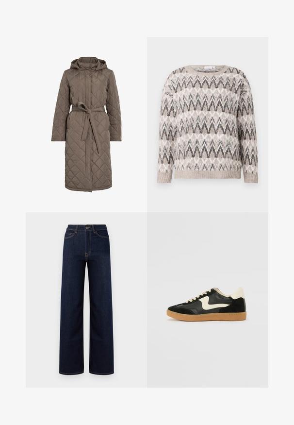 Gequiltede lange jas in gedempt bruin, met een capuchon, een ceintuur en een diagonale stikpatroon. Gemaakt van een glad, gewatteerd materiaal.; Gebreide trui in beige en grijs met een ingewikkeld geometrisch patroon. Heeft een ronde halslijn en lange mouwen. Zachte, gestructureerde afwerking.; Donkerblauwe wijde jeans van denim, met een hoge taille, vier zakken en contrasterende stiksels langs de naden.; Zwarte suède en leren sneaker met een crèmekleurige zij-swoosh en lichte crèmekleurige hiel. Voorzien van beige veters en een gumrubberen zool.