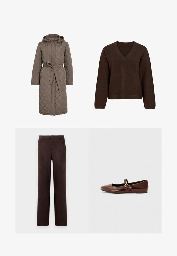 Quiltet lang frakke i dæmpet brun, med hætte, bælte i taljen og skrå stikninger. Fremstillet af et glat, polstret materiale.; Mørkebrun strikket sweater med lange ærmer og ribstrikket V-udskæring, manchetter og kant, vist på en hvid baggrund.; Mørkebrun suedebukser med lige ben, frontknap og lynlås, bæltesløjfer og sidelommer.; Brun patentlæder balletflade med firkantet tå og strop med en lille guldbuckle. Glat tekstur, lav hæl og minimalistisk design.