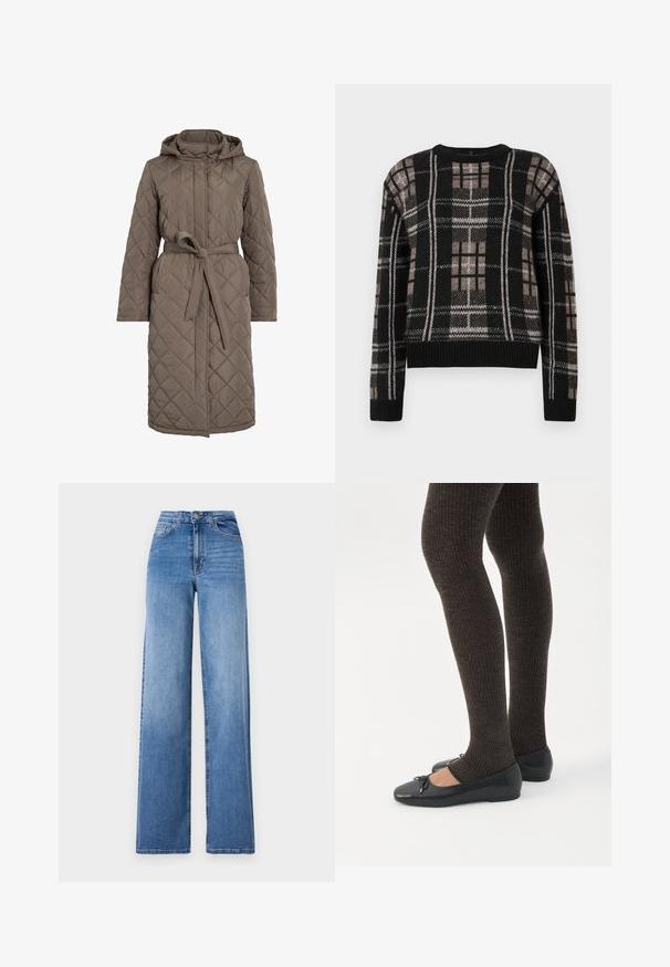 Quiltet lang frakke i dæmpet brun, med hætte, bælte i taljen og skrå stikninger. Fremstillet af et glat, polstret materiale.; Sort strikket sweater med beige og hvid ternet mønster, rund hals, lange ærmer og ribbede manchetter og kant.; Lyseblå vide denimbukser med høj talje, frontlommer og standard knaplukning. Glat tekstur.; Ben iført mørke ribbede leggings kombineret med sorte balletsko med små sløjfedetaljer på hvid baggrund.