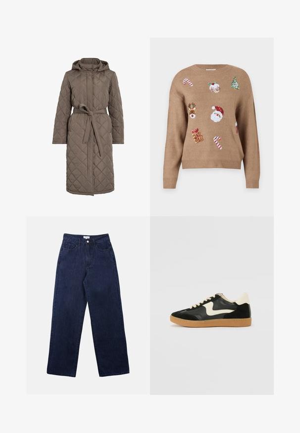 Quiltet lang frakke i dæmpet brun, med hætte, bælte i taljen og skrå stikninger. Fremstillet af et glat, polstret materiale.; Brun strikket sweater med juletema broderede motiver, herunder julemanden, rensdyr, gaver og slikstokke i forskellige farver.; Mørkeblå denimbukser med lige ben, der har en frontknaplukning, bæltestropper og to forlommer.; Sorte ruskinds- og lædersneakers med en cremefarvet side-swoosh og lys cremefarvet hæl. Har beige snørebånd og en gummirubber-sål.