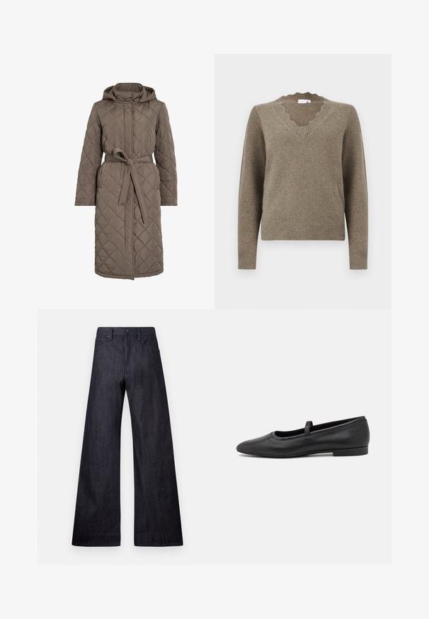 Quiltet lang frakke i dæmpet brun, med hætte, bælte i taljen og skrå stikninger. Fremstillet af et glat, polstret materiale.; Brun strikket sweater med lange ærmer og bølget V-hals, ribbede manchetter og kant, præsenteret på en ensfarvet hvid baggrund.; Bredde ben mørke denim jeans med en glat tekstur, traditionelt fem-lomme design og en subtil glans med en knaplukning.; Sorte ballet flade lavet af glatmælket læder, med en rund tå, et lille bånd henover toppen, og et minimalistisk design.