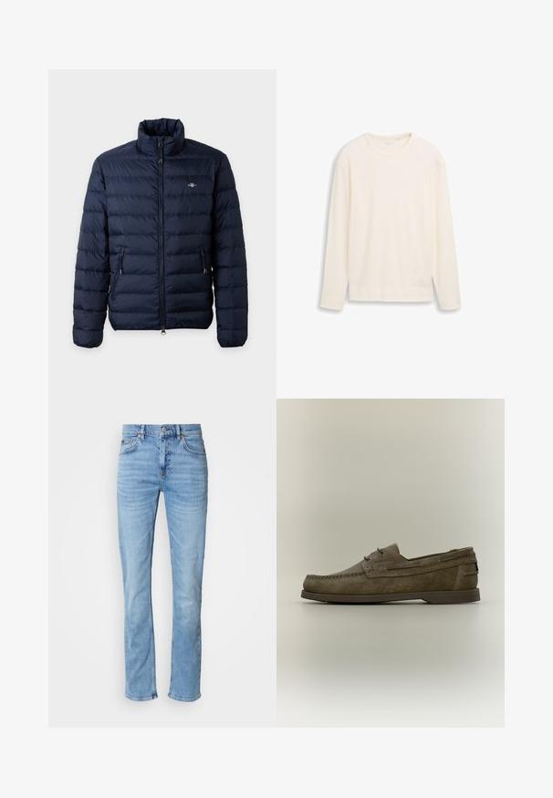 Veste matelassée bleu marine avec col montant, fermeture éclair avant, poches latérales zippées et petit logo sur la poitrine gauche.; Pull léger à manches longues côtelé de couleur blanc cassé. Il présente un col rond, une coupe droite et une étiquette de logo discrète en bas à gauche.; Jean en denim bleu clair à coupe droite, design à cinq poches, fermeture par bouton et détails subtilement délavés sur les cuisses et les genoux.; Mocassin marron en daim sans lacets avec couture moc toe et détail lacet, semelle en caoutchouc plate, garniture latérale et talon bas sur fond neutre.
