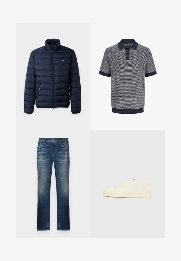 Veste matelassée bleu marine avec col montant, fermeture éclair avant, poches latérales zippées et petit logo sur la poitrine gauche.; Polo homme à manches courtes en maille bleu marine et blanche avec motif ondulé, patte de boutonnage à trois boutons, col, manches et ourlet côtelés.; Jeans en denim dans un délavage foncé avec une coupe droite, présentant un léger délavage et des détails subtils de whiskers à l'avant. Style classique à cinq poches.; Baskets couleur crème avec une tige en cuir lisse, bout arrondi, laçage à l'avant et semelle en caoutchouc texturée. Design minimaliste, sans logo.