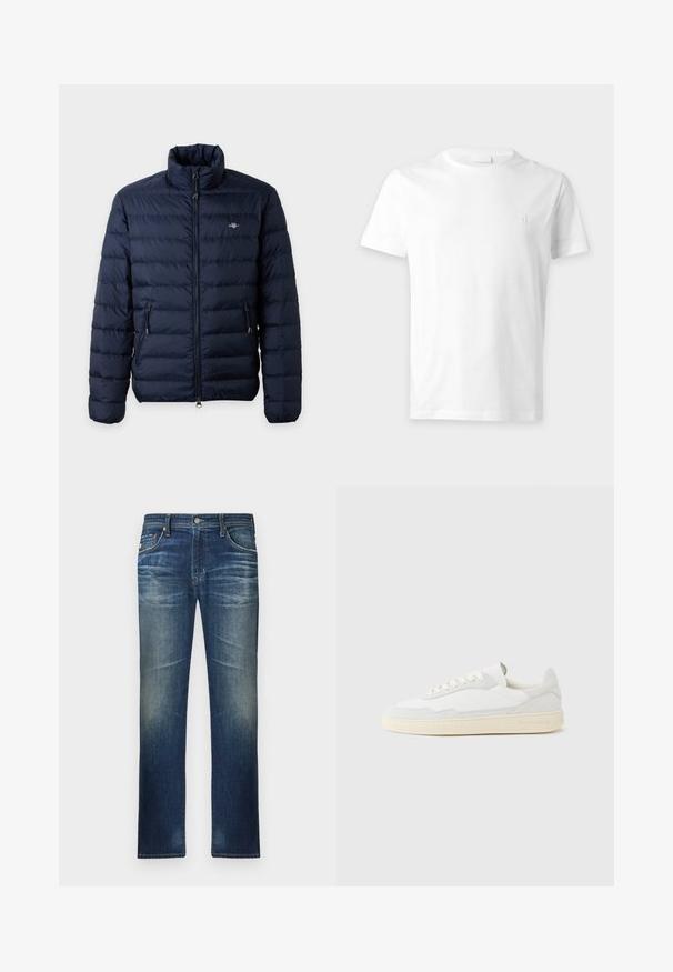 Veste matelassée bleu marine avec col montant, fermeture éclair avant, poches latérales zippées et petit logo sur la poitrine gauche.; T-shirt blanc uni à manches courtes et col rond avec un petit logo brodé discret sur la poitrine gauche.; Jeans en denim dans un délavage foncé avec une coupe droite, présentant un léger délavage et des détails subtils de whiskers à l'avant. Style classique à cinq poches.; Baskets blanches avec dessus en daim et cuir texturé. Caractérisées par un bout arrondi, une fermeture à lacets et une semelle en caoutchouc beige contrastante.