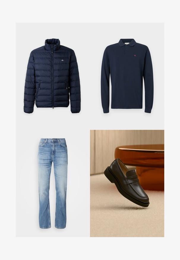 Veste matelassée bleu marine avec col montant, fermeture éclair avant, poches latérales zippées et petit logo sur la poitrine gauche.; Polo à manches longues bleu marine avec col, patte de boutonnage à deux boutons et petit logo CK rouge sur la poitrine gauche. Tissu en coton.; Jean en denim bleu clair avec une coupe droite, finition délavée, cinq poches et une fermeture à bouton. Design classique et épaisseur moyenne.; Mocassin en cuir noir flottant au-dessus d'un tapis beige avec des meubles arrondis marron en arrière-plan.