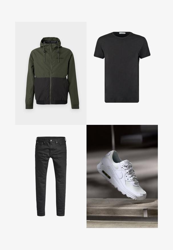 Pánska kapucňová bunda na zips v olivovo zelenej a čiernej farbe s nastaviteľnými šnúrkami a logom Jack & Jones na hrudi.; Čierne bavlnené tričko s okrúhlym výstrihom a krátkymi rukávmi. Tkanina má hladkú textúru a žiadne vzory ani akcenty. Pravidelný strih.; Čierne slim-fit džínsy s prednými vreckami, pútkami na opasok a zapínaním na gombík, vystavené na bielom pozadí.; Biele tenisky Nike Air Max 90 s vrchnou časťou z kože a sieťoviny, perforovanou špičkou a viditeľnou vzduchovou jednotkou v päte.