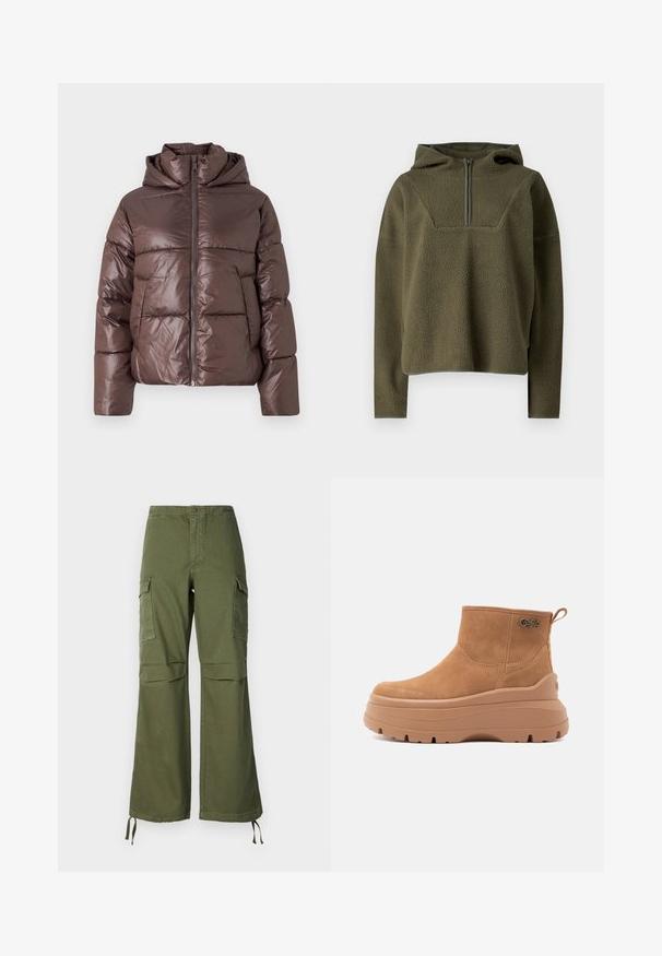 Brun pufferjakke med en blank finish, lynlås lukning, høj krave og lange ærmer. Polstret design med horisontale syninger.; Olivengrøn fleecepullover med hætte, halv-zippers foran, tekstureret stof og kontrasterende kant ved kanten og mansjetterne.; Olivengrønne cargo-buksen i bomuld med bred ben-design, to sidelommer og justerbare snore ved kanten.; Tan ruskindsankler med en tykk, struktureret platformsål og en syet detalje. Har en bageste løftestrop og logoaccent på siden.