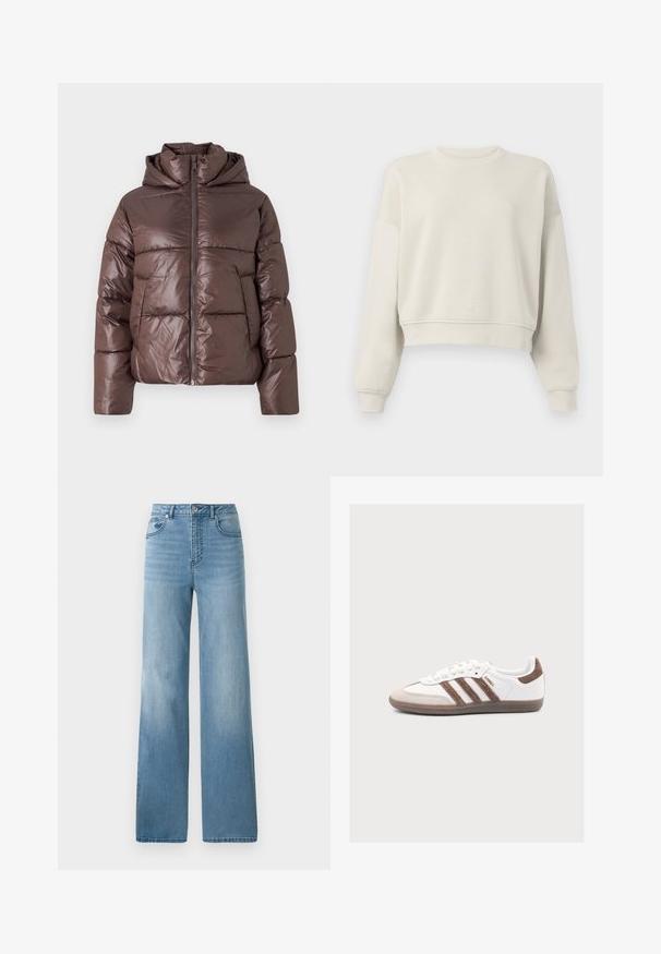 Brun pufferjakke med en blank finish, lynlås lukning, høj krave og lange ærmer. Polstret design med horisontale syninger.; Lys beige cropped sweatshirt med lange ærmer, ribbet krave og manchetter, blød stofstruktur, minimalistisk design, ingen synlige mønstre eller accenter.; Lyseblå højtaljede jeans med lige ben. Fremstillet af denim, med fem lommer og knaplukning.; Hvid Adidas Samba sneaker med brune ruskindstriber, brun ruskindstå og gummisål på en lys grå baggrund.