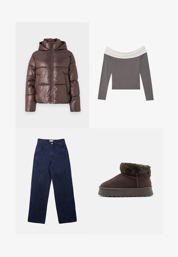 Brun pufferjakke med en blank finish, lynlås lukning, høj krave og lange ærmer. Polstret design med horisontale syninger.; Off-the-shoulder langærmet top med en grå krop og hvid krave. Glat tekstur og tætsiddende design.; Mørkeblå denimbukser med lige ben, der har en frontknaplukning, bæltestropper og to forlommer.; Brune ruskind ankelstøvle med kunstig pelskrave, rund tå og tekstureret gummisål. Har enkel søm og et lavprofil design.