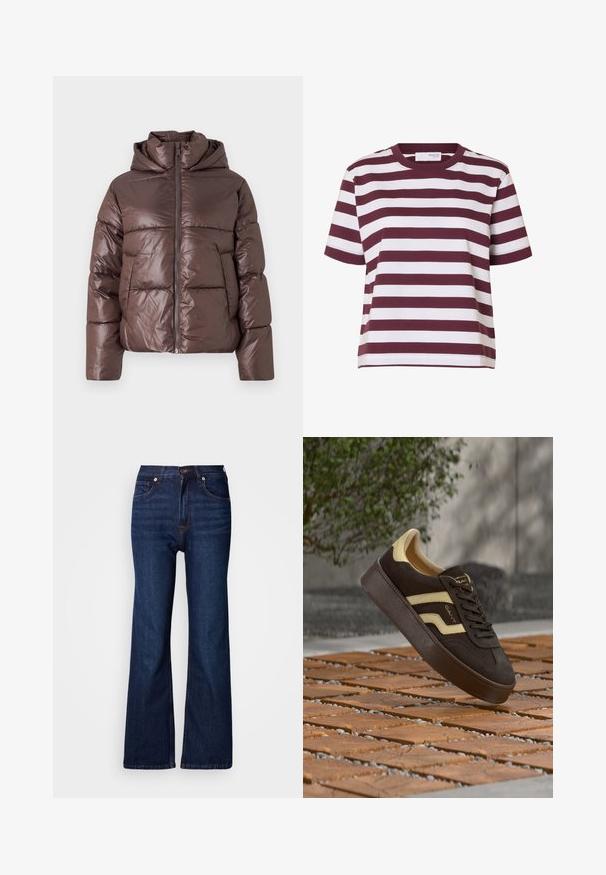Brun pufferjakke med en blank finish, lynlås lukning, høj krave og lange ærmer. Polstret design med horisontale syninger.; Kortærmet T-shirt med rund hals med brede, vandrette hvide og mørkerøde striber.; Vida, mørkeblå denimjeans med fem lommer, knaplukning og kontrastsyningsdetaljer. Glat tekstur med et robust udseende.; Brun ruskind sneaker med beige stribe og tyk sål, ophængt over trægulv med små grå sten mellem fliserne.
