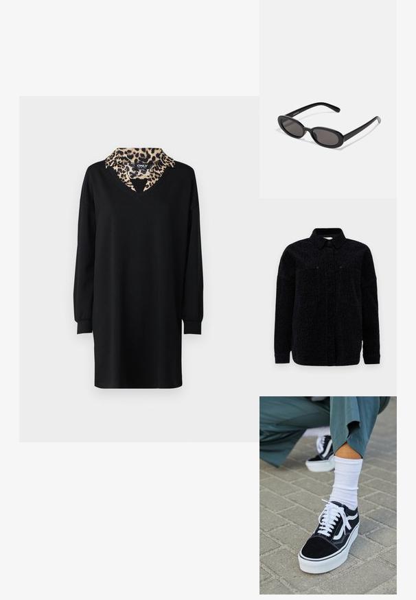 Veste-chemise à imprimé léopard noir avec un col, fermeture à boutons et deux poches poitrine. Tissu doux avec une finition texturée.; Robe noire avec un décolleté en V et des manches longues, ornée d'un col en imprimé léopard. Réalisée en tissu doux, elle possède une silhouette ample.; Baskets en suède noir avec des accents et des lacets blancs, présentant une épaisse semelle blanche et des coutures contrastantes, associées à une chaussette blanche.; Even&Odd by Zalando Lunettes de soleil - black
