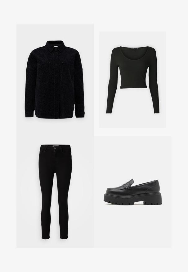 Veste-chemise à imprimé léopard noir avec un col, fermeture à boutons et deux poches poitrine. Tissu doux avec une finition texturée.; Crop top noir à manches longues en tissu côtelé avec un décolleté en V profond. Possède des manches ajustées et une texture lisse.; Jeans slim-fit noirs avec fermeture à bouton et à zip, poches avant et arrière, présentés sur un fond blanc neutre.; Mocassins en cuir noir avec une semelle en caoutchouc épaisse et basse, des détails cousus sur le dessus et une texture lisse.