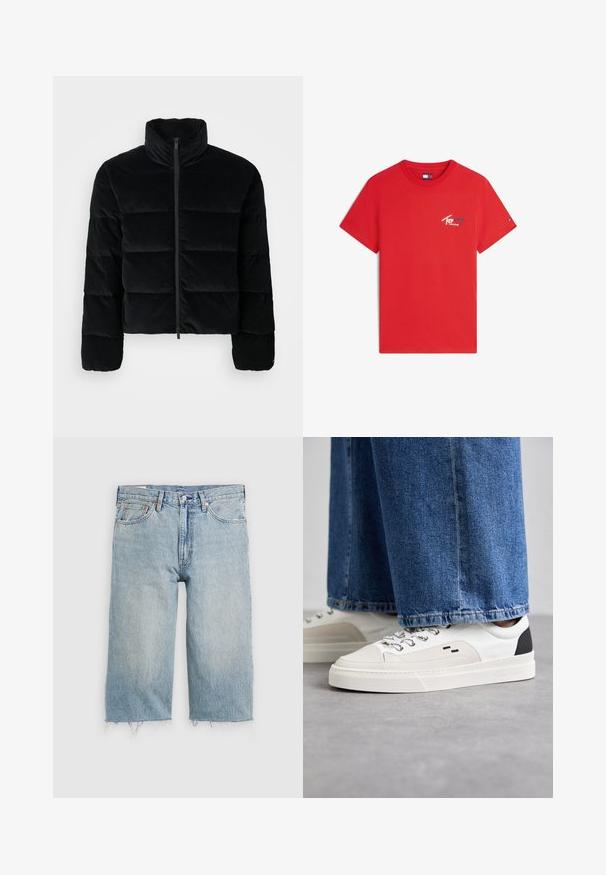 Chaqueta de puffer de pana negra con cuello alto y cremallera frontal. Presenta secciones acolchadas para aislamiento y mangas largas.; Camiseta roja de manga corta con cuello redondo con pequeño logo multicolor "Tommy Jeans" en el lado izquierdo del pecho y pequeño emblema de bandera en la manga izquierda.; Pantalones cortos de mezclilla de color azul claro con corte recto, dobladillo deshilachado, diseño de cinco bolsillos y cierre de botón en la cintura.; Zapatillas blancas y negras con una parte superior de cuero suave, acentos texturizados y una suela blanca gruesa. Presenta un diseño clásico de cordones.