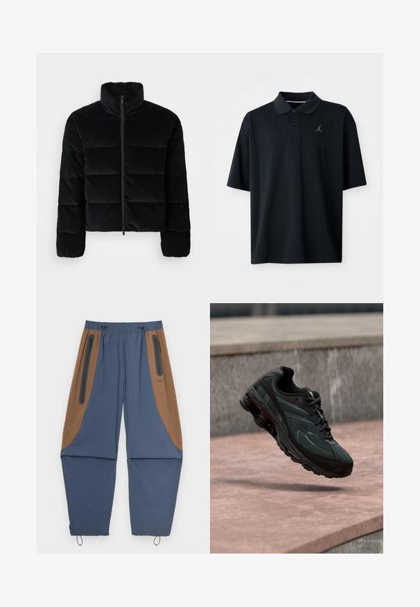 Chaqueta de puffer de pana negra con cuello alto y cremallera frontal. Presenta secciones acolchadas para aislamiento y mangas largas.; Polo negro hecho de tela suave, con cuello, mangas cortas y un pequeño logo de Jordan en gris bordado en el lado izquierdo del pecho.; Pantalones deportivos en color azul marino y marrón con una cintura elástica, bolsillos laterales con cremallera y cordones ajustables en los puños. Textura suave.; Zapatilla deportiva negra con entresuela visible con amortiguación de aire que flota sobre una superficie de piedra rosa con un fondo de pared de piedra gris.