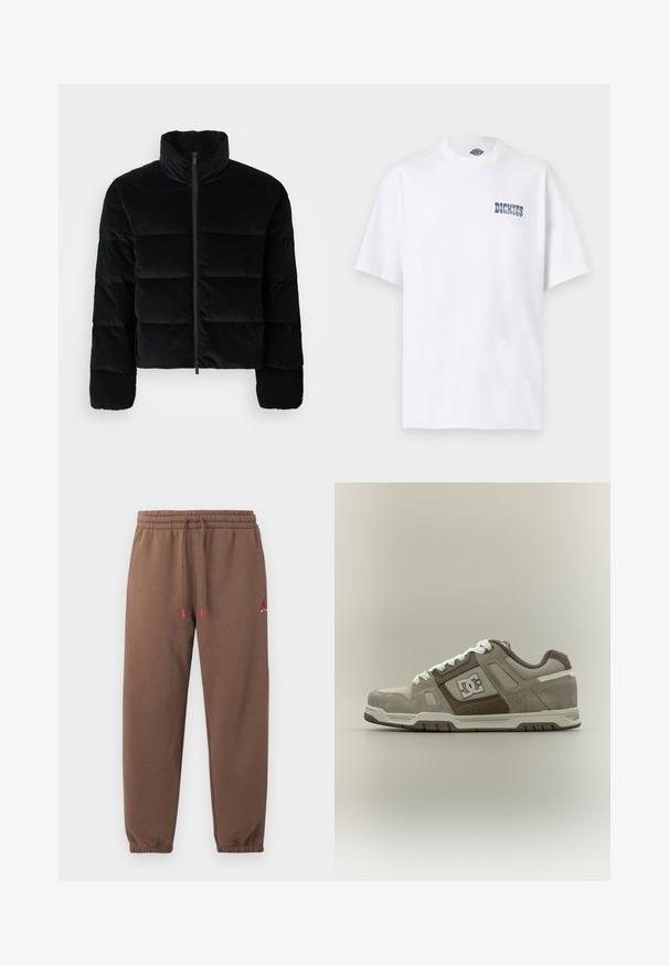 Chaqueta de puffer de pana negra con cuello alto y cremallera frontal. Presenta secciones acolchadas para aislamiento y mangas largas.; Camiseta blanca de manga corta con cuello redondo y pequeño logo azul de "Dickies" en el pecho izquierdo.; Pantalones jogger marrones con cintura y puños elásticos, cordón ajustable con puntas rojas y pequeño logo rojo en la parte superior de la pierna izquierda.; Zapatilla DC beige y marrón con cordones blancos, detalles perforados y logotipo de la marca en el lateral, mostrada en perfil lateral sobre un fondo neutro.