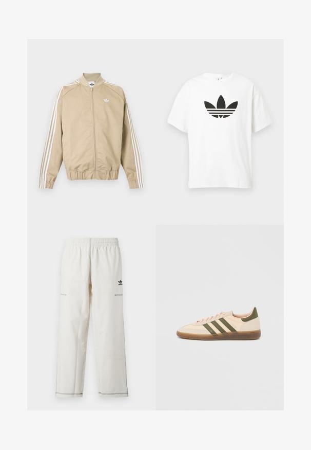 Beige zip-up track jacket with white triple stripes down sleeves and a white Adidas trefoil logo on the chest.; White cotton t-shirt featuring a large black Adidas trefoil logo and three horizontal stripes underneath. Short sleeves, crew neckline.; White athletic pants with elastic waistband, side pockets, and black adidas logo and stitching accents. Smooth, lightweight fabric.; Low-profile beige Adidas Spezial sneaker with green stripes, gum sole, and "SPEZIAL" branding on side, shown from the outer side.