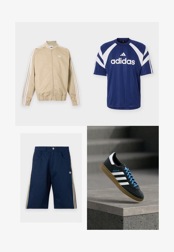 Beige zip-up track jacket with white triple stripes down sleeves and a white Adidas trefoil logo on the chest.; Navy blue Adidas sports jersey with white diagonal stripes on shoulders and sleeves, featuring Adidas logo and text on the front.; Navy blue Adidas shorts with beige three stripes on sides, front pockets, button closure, and Adidas trefoil logo on right leg.; Black Adidas sneaker with white stripes, blue laces, and gum sole floating above gray concrete step in soft light.