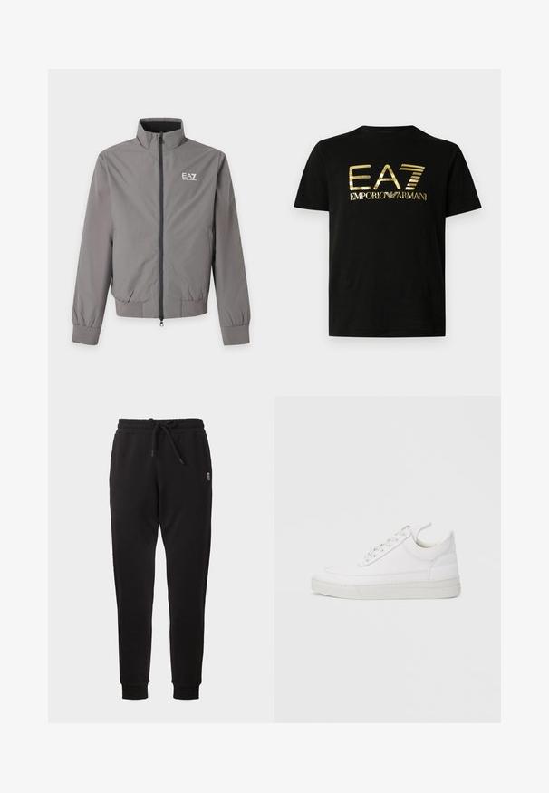 Veste grise zippée avec col montant, poignets et ourlet élastiques, et logo blanc EA7 Emporio Armani sur la poitrine gauche.; T-shirt noir en coton avec un imprimé doré brillant "EA7" et "emporio armani" sur le devant, dans une police audacieuse et moderne. Manches courtes.; Pantalon de survêtement noir fuselé avec taille élastique, cordon, poches latérales et poignets côtelés, présenté sur fond uni.; Baskets en cuir blanc avec un embout arrondi, une semelle plate et un laçage à l'avant. Présentent des détails de couture et un col rembourré pour plus de confort.