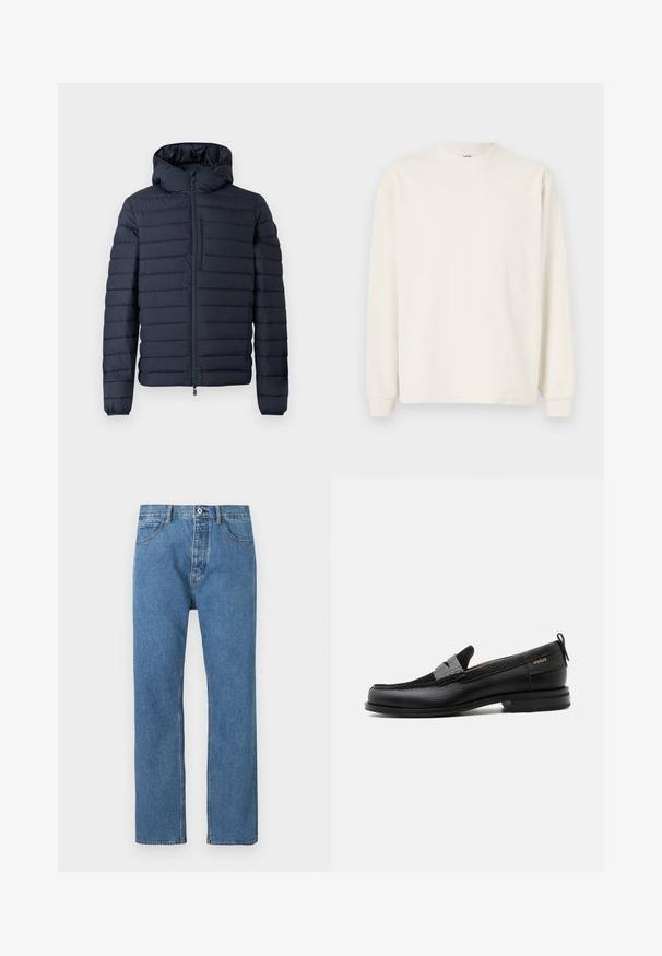 Doudoune bleu marine foncé avec capuche, présentant des sections matelassées horizontales, une fermeture éclair frontale et des poignets élastiques. Design minimaliste avec des accents subtils.; Haut en tricot à manches longues et à côtes, de couleur blanc cassé, avec un col rond et des poignets ajustés, présentant une silhouette décontractée.; Jean en denim bleu clair à coupe droite, avec cinq poches, une fermeture par bouton et des détails de couture subtils le long des coutures.; Mocassin en cuir noir avec détail de bride grise, talon bas et semelle texturée, marqué "HUGO" en or sur le côté.