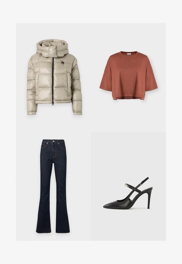 Doudoune beige clair avec un col montant, fermeture éclair frontale et motif matelassé horizontal ; présente un petit logo sur la poitrine.; T-shirt court de couleur rouille avec larges manches courtes et col rond, présenté sur un fond plat gris clair.; Jean flare en denim bleu foncé avec une taille haute, comprenant des coutures orange, une poche avant et une fermeture à un bouton à la taille.; Escarpins slingback en cuir noir avec bout pointu, design ajouré et bride ajustable ornée de ferrures métalliques.